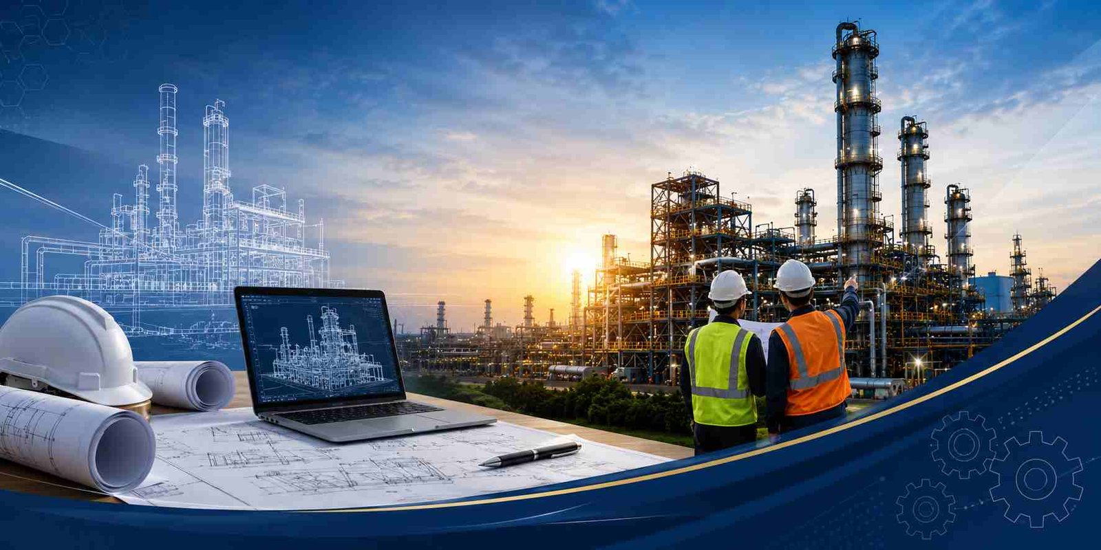 Engineering and design phase of an EPC project with industrial drawings and digital plant models.
