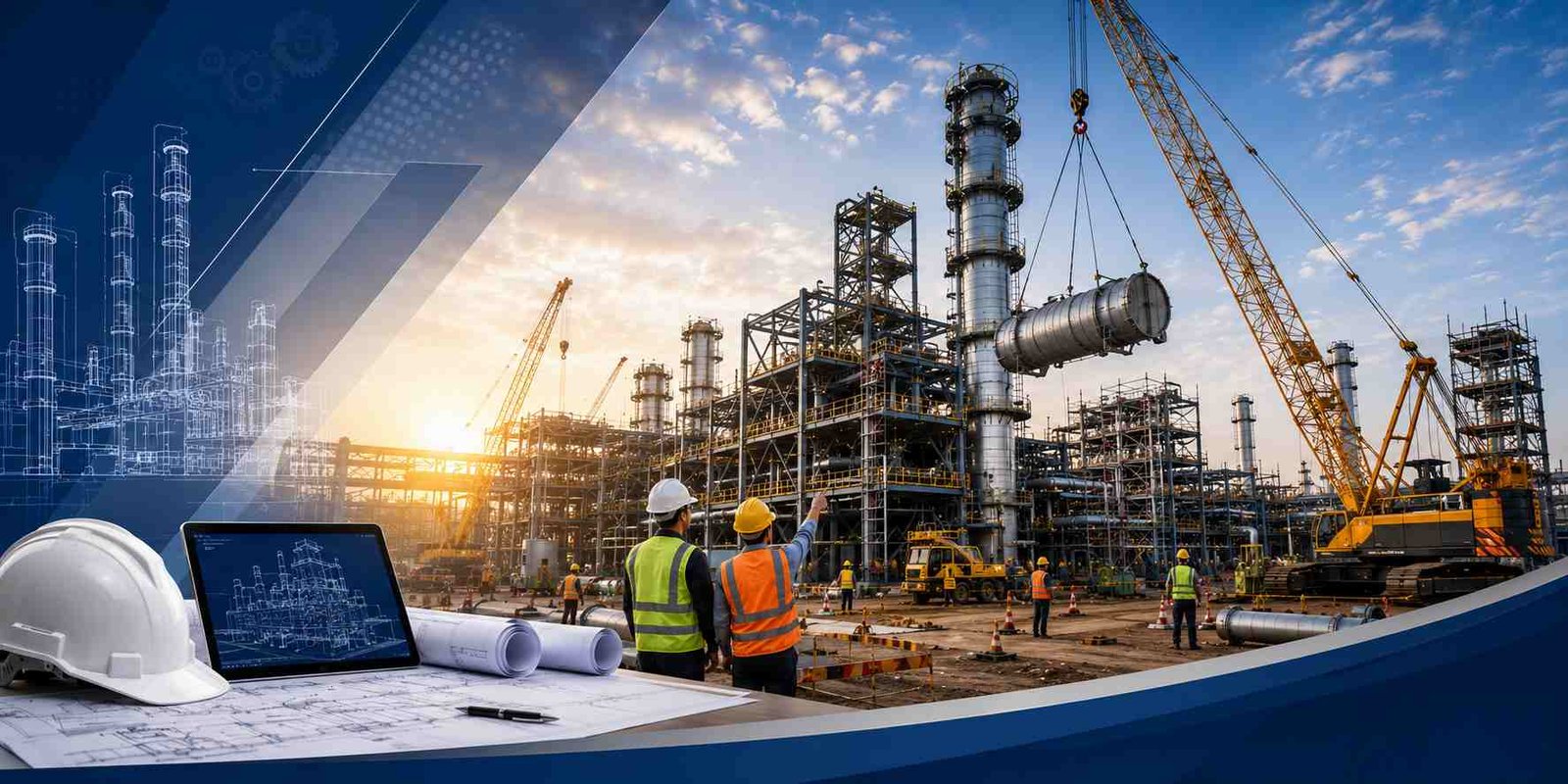 Construction phase of an EPC project showing engineers supervising industrial plant construction.