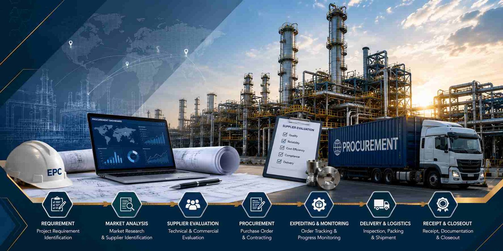Procurement phase of an EPC project with engineers inspecting industrial equipment and coordinating material deliveries.