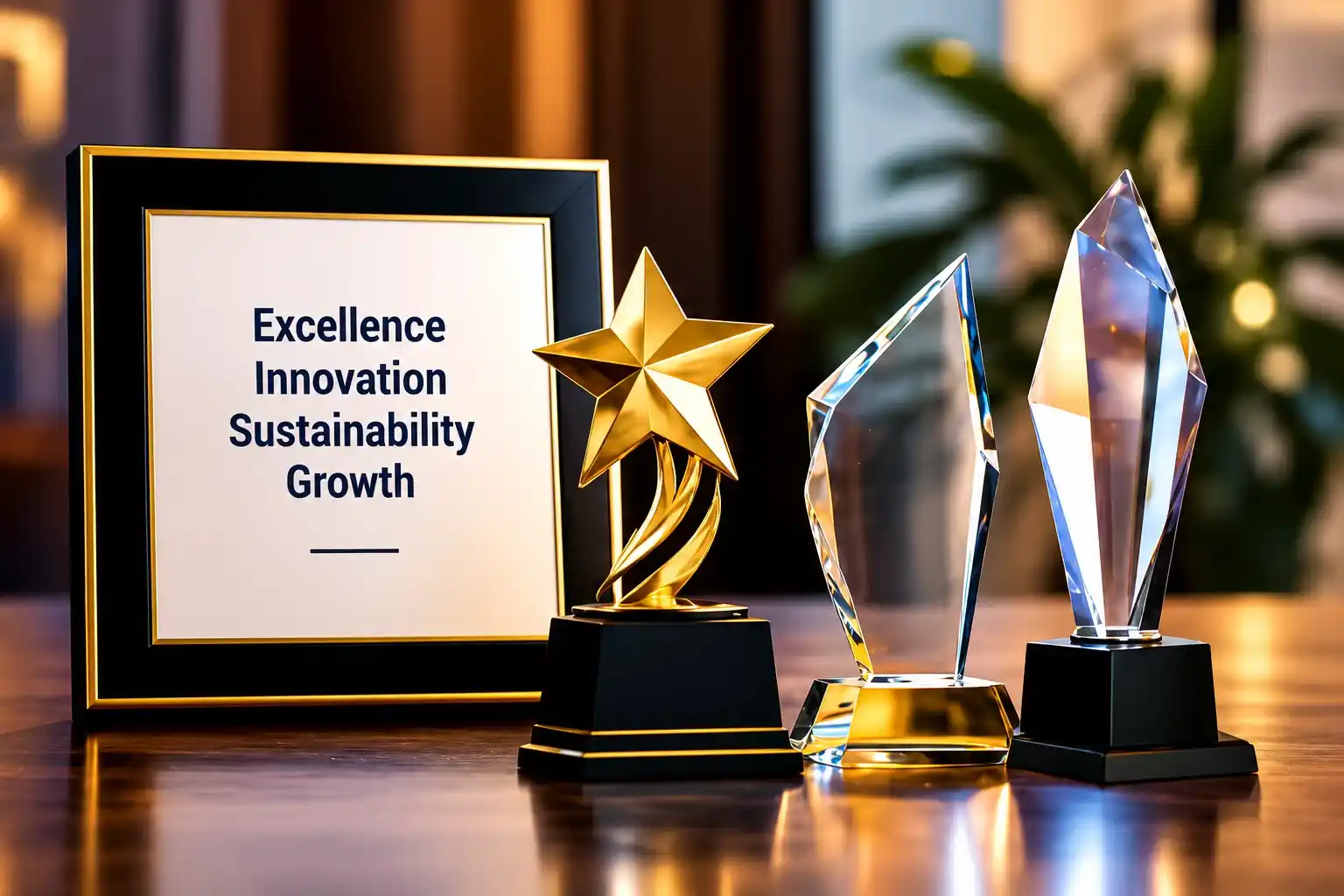 Awards display representing excellence, innovation, sustainability and growth