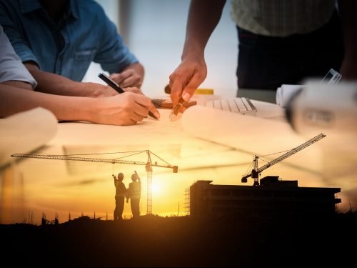 Civil Engineer Jobs, Double exposure of Project Management Team and Construction Site with tower crane background, Day and Night shift on employees job concept.